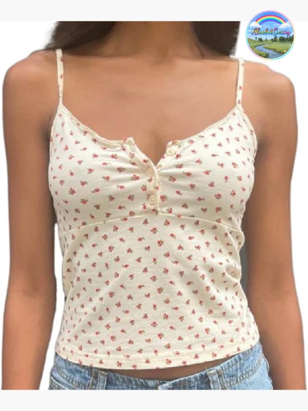 Floral Print Lace Trim Spaghetti Strap Crop Tank Top Sleeveless Camisole